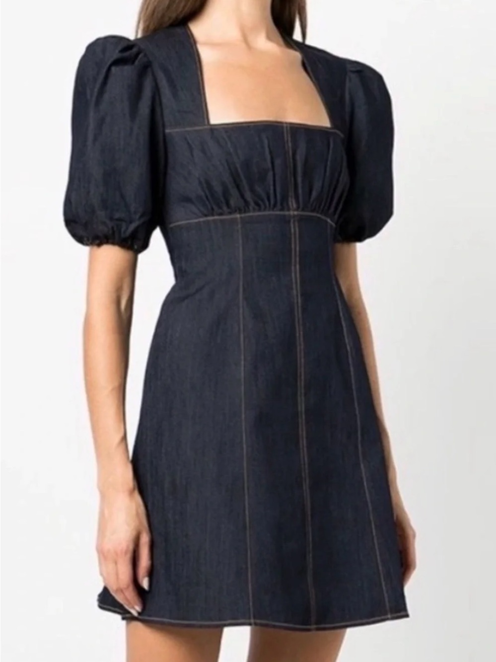 Cinq à Sept Vaughn Square Neck Puff Sleeve Mini Denim Dress Size 4 - Picture 5 of 8